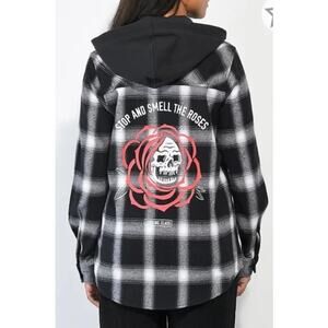 Md Lurking Class Hooded Flannel Shacket Skull Rose Skater Grunge Punk Layering